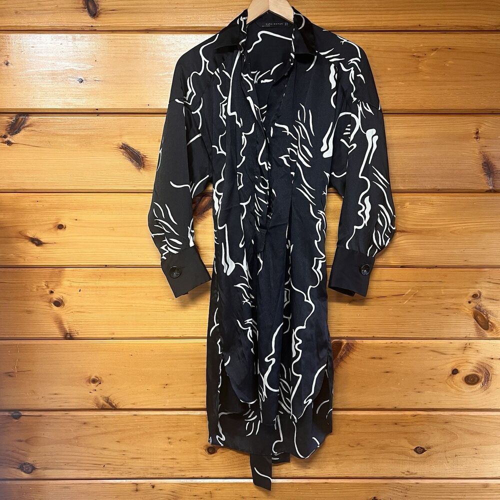 Zara Printed Long Sleeve Collared Tie Back Art Tunic  Black Size XS